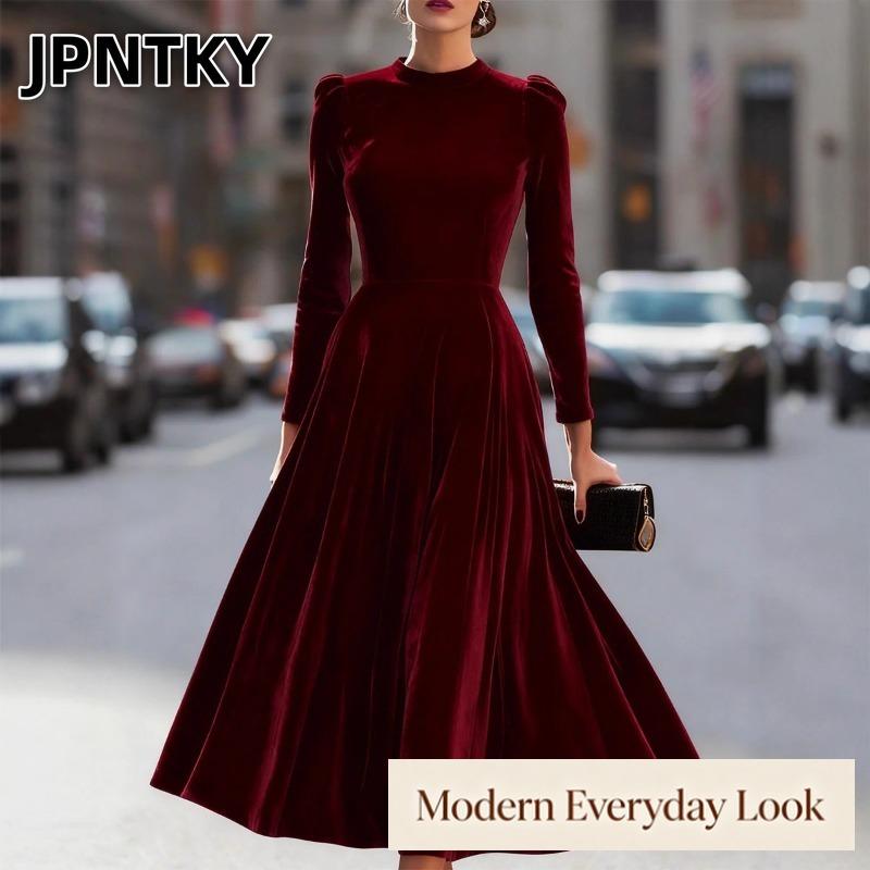 JPNTKY Women's Fashion Spring Autumn Solid Color Print Long Sleeve O-Neck Casual Dresses