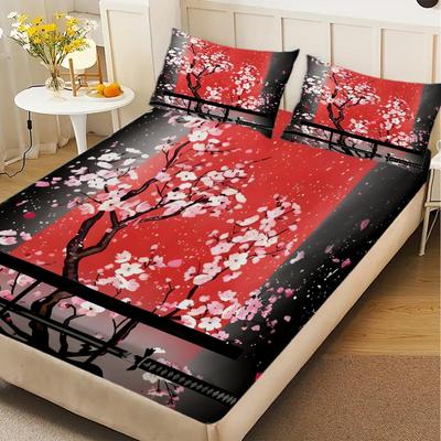 1 Stück Spannbettlaken Japanischer Stil Kirschblüten Polyester Langlebig Bettwäsche Set Laken für Heim Schlafzimmer Dekoration Geburtstagsgeschenk