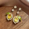 1Pair Elegant Rhinestone Lemon-Shaped Drop Earrings for Women, Gold Tone Yellow Crystal & Green Enamel Leaf Earrings, Cute Fruit Design Statement 