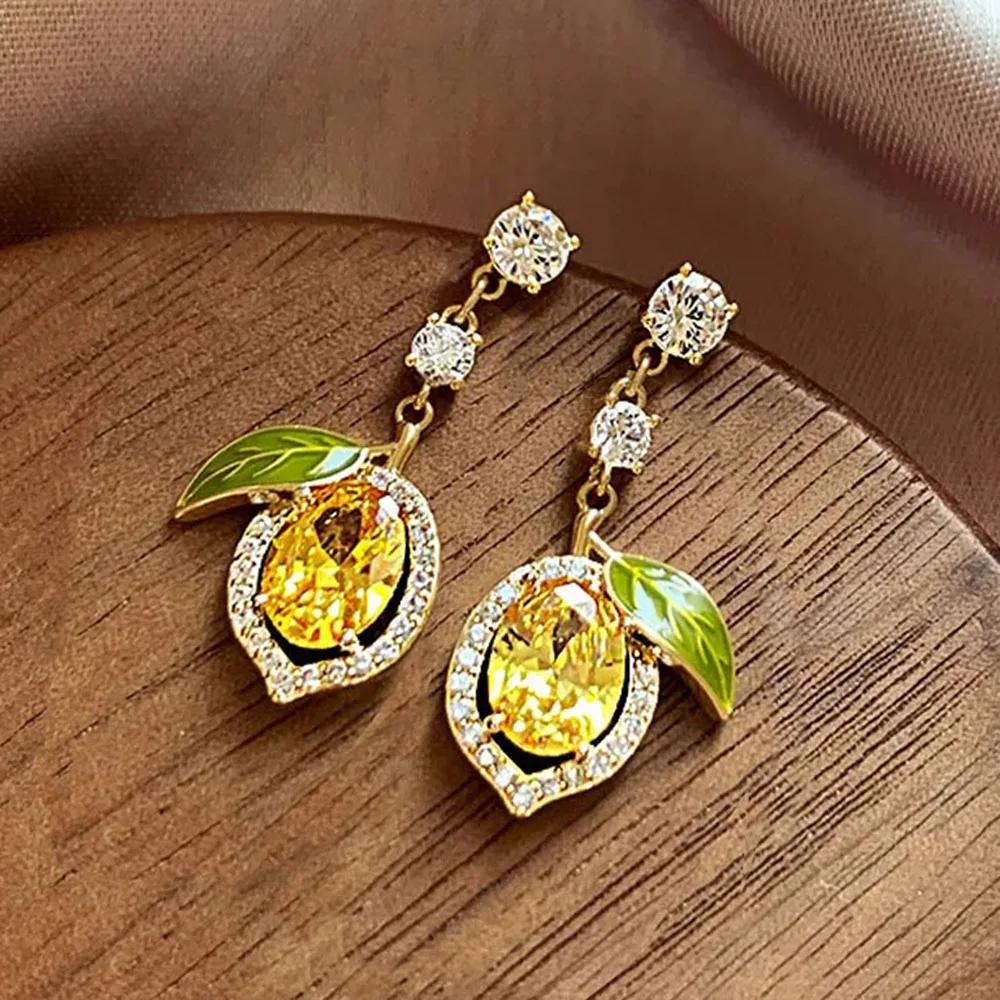 1Pair Elegant Rhinestone Lemon-Shaped Drop Earrings for Women, Gold Tone Yellow Crystal & Green Enamel Leaf Earrings, Cute Fruit Design Statement