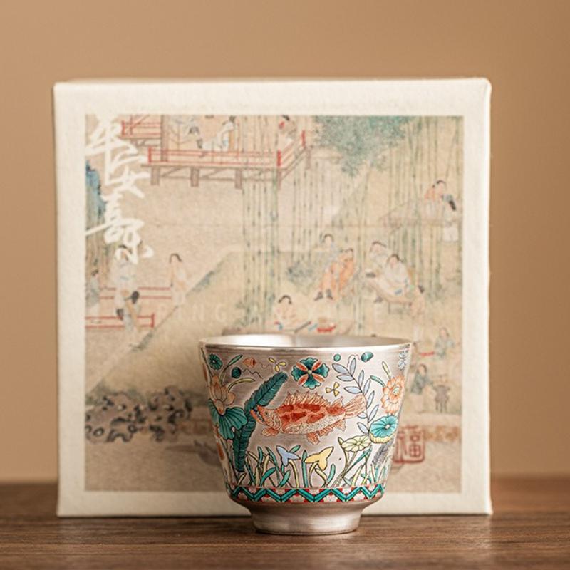 Plating Silver Ceramics Teacup Hand-painted Fish Master Cup Retro Tea Bowl Chinese Kung Fu Teaset Drinkware Teaware Tea Ceremony