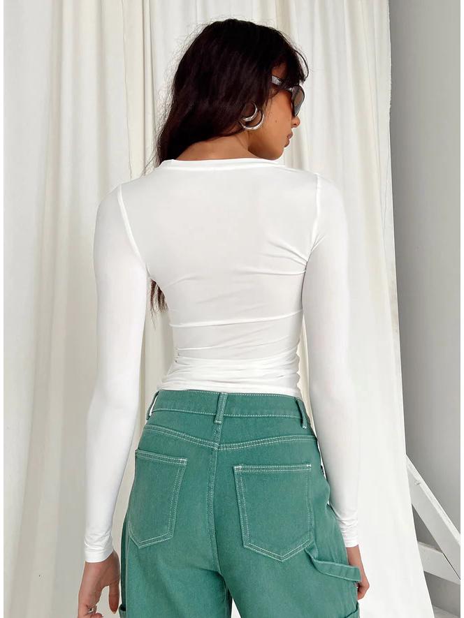 2023 Women's Autumn Slim Fit Irregular Long Sleeve T-Shirt - Solid Color, Round Neck