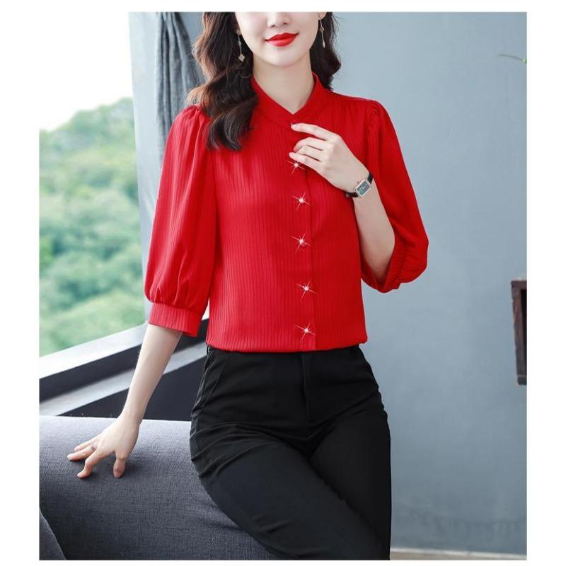 New Women's White Shirt Spring Autumn 3/4 Sleeve Striped Top Summer Loose Reducing Age Puff Sleeve Bottoming Blouse S-4XL