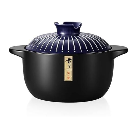 Donabe Clay Pot, 2.5L, 21cm Diameter, Serves 2-3, Heat-Resistant Clay, Gas Stove Compatible, Spill-Proof Design, Lid with Chopstick Rest, High Heat