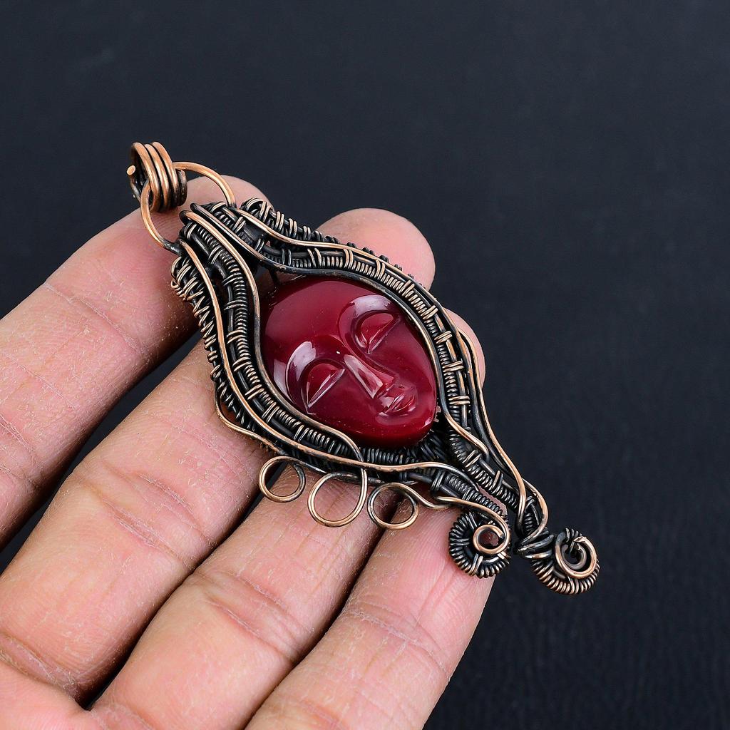 Lady Face Red Coral Handmade Gemstone Pendant, 999 Copper Wire Wrapped Pendant Antique Jewelry, For Engagement Gift