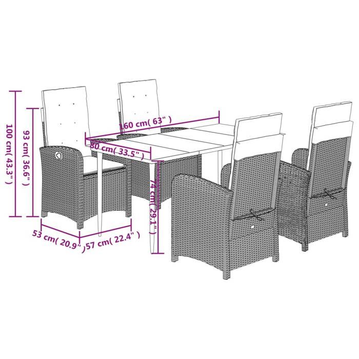 VidaXL Ensemble à Manger de Jardin avec Coussins 5 pcs, Table et Chaises avec Dossier Réglable, Meubles d'Extérieur Patio 3212414