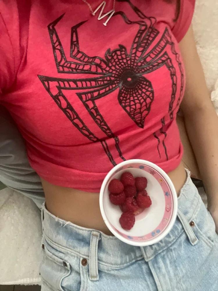 Spider Print Graphic Women Chic Tees Streetwear Vintage Letter Crop Summer Casual Trash Basic Goth Slim Short Sleeve T-Shirt Emo