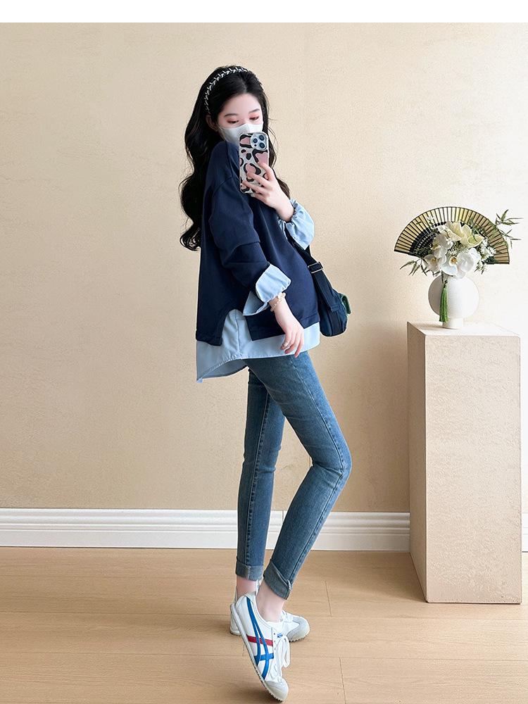 Navy Blue Long Sleeve Maternity Top, Spring/Autumn 2025, Plus Size, Fake Two-Piece Design Sweatshirt