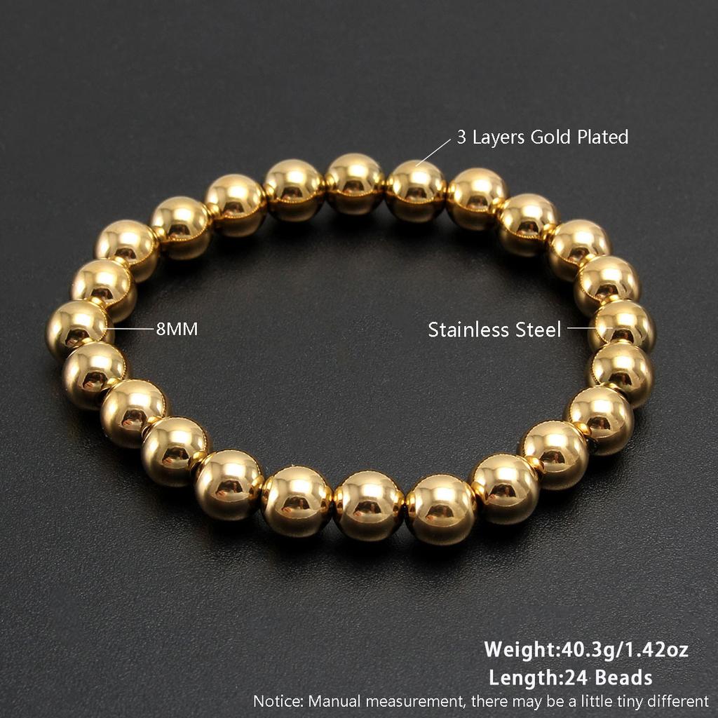 RTS 2 4 6 10mm 18K Gold Plated Stainless Steel PVD Golden Beaded Bracelet Elastic Waterproof Bracelet for Multiple Layer Wearing