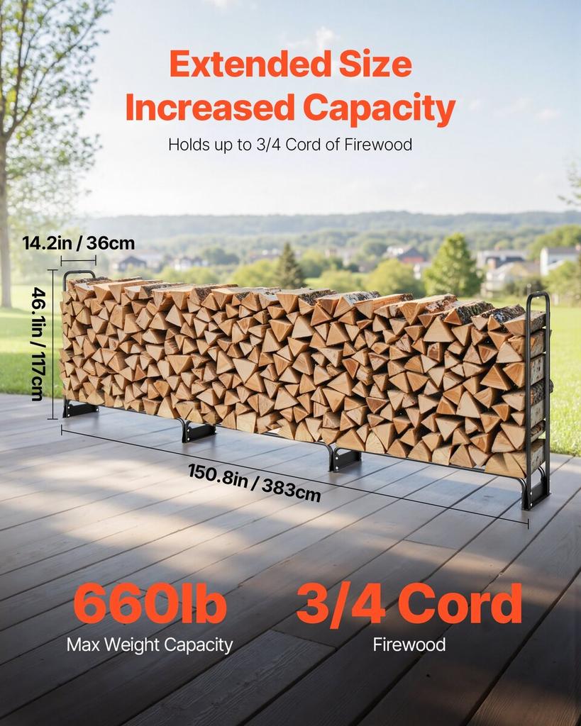 12.7FT Outdoor Firewood Rack with Cover, 152x14.2x46.1in,Heavy Duty Firewood Holder & 600D Oxford Waterproof Cover for Fireplace, Patio,