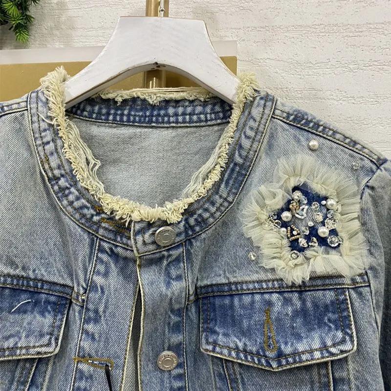 Women's Spring and Autumn Denim Jacket Small Design Solid Color Round Neck Jacket