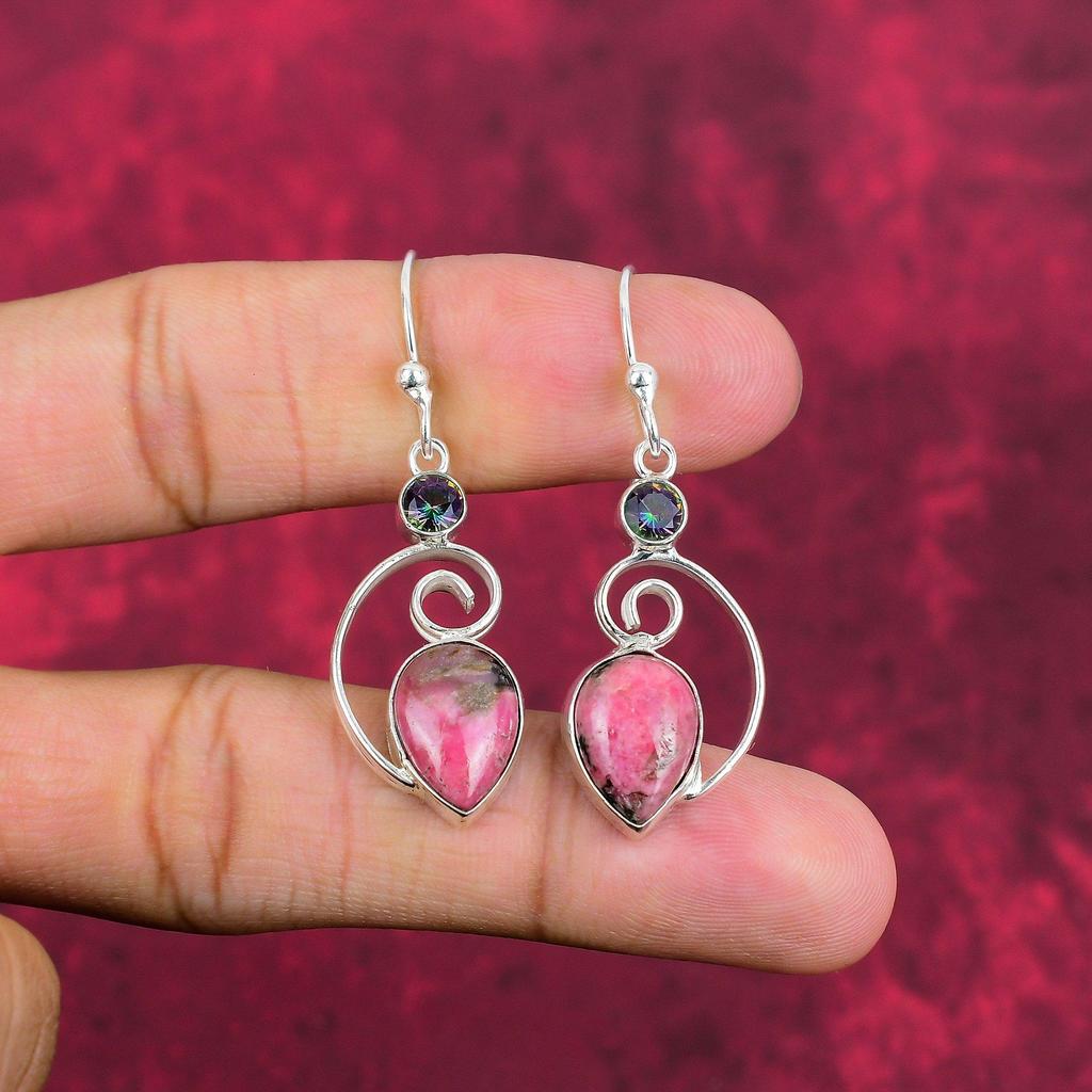 Rhodonite, Mystic Topaz Earrings Gemstone Jewelry, 925 Solid Sterling Silver Handmade Earrings, Latest Design Jewelry