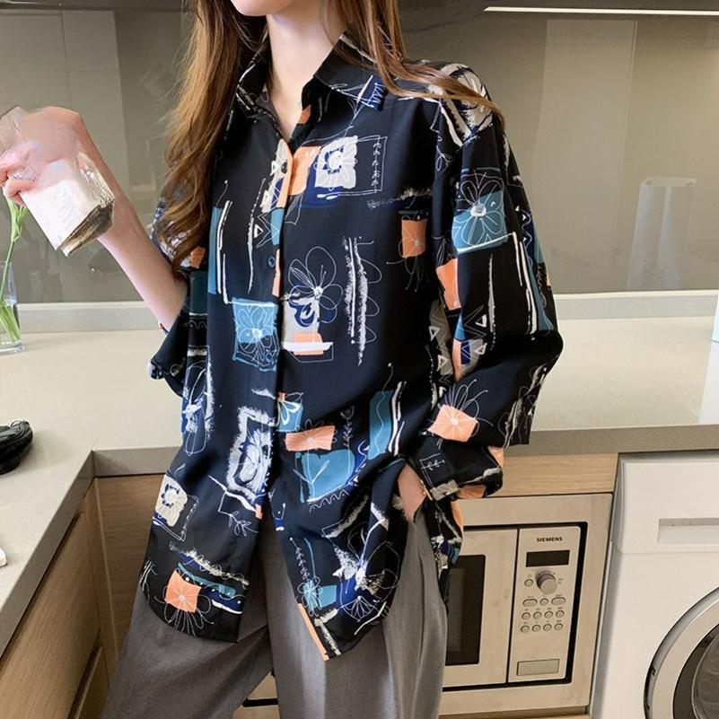 Retro Hong Kong Style Temperament Chiffon Long-sleeved Printed Shirt Women's Blouse Popular Loose Design Sense Niche