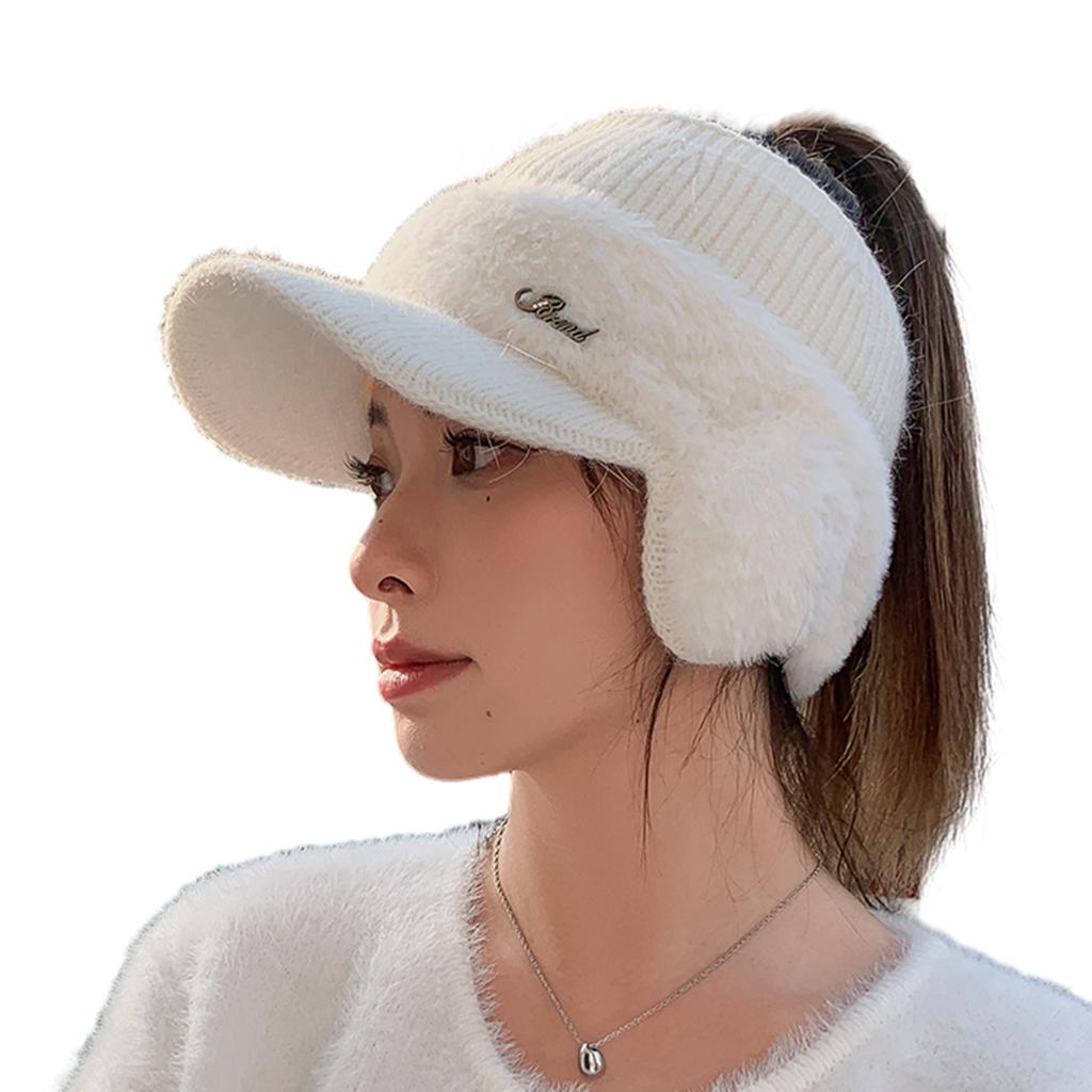 Novelty Furry Knitted Baseball Cap with Earflaps Women Influencers Same Slouchy Warm Ear Protections Empty Top Hat