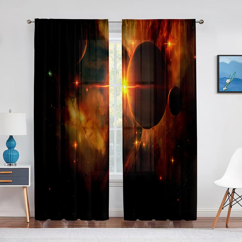 Solar System Outer Space Sheer Voile Curtain for Living Room Bedroom Decor Planet Galaxy Glitter Fantasy Window Tulle Curtains