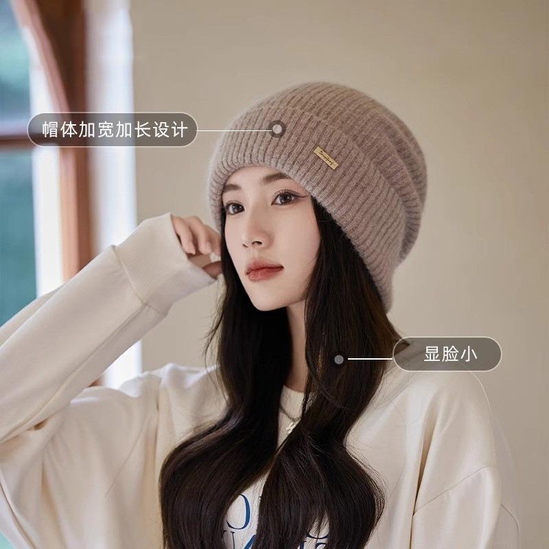 Autumn and winter rabbit fur knitted hat women's big head circumference warm hat versatile wool hat showing small face cold hat thin winter