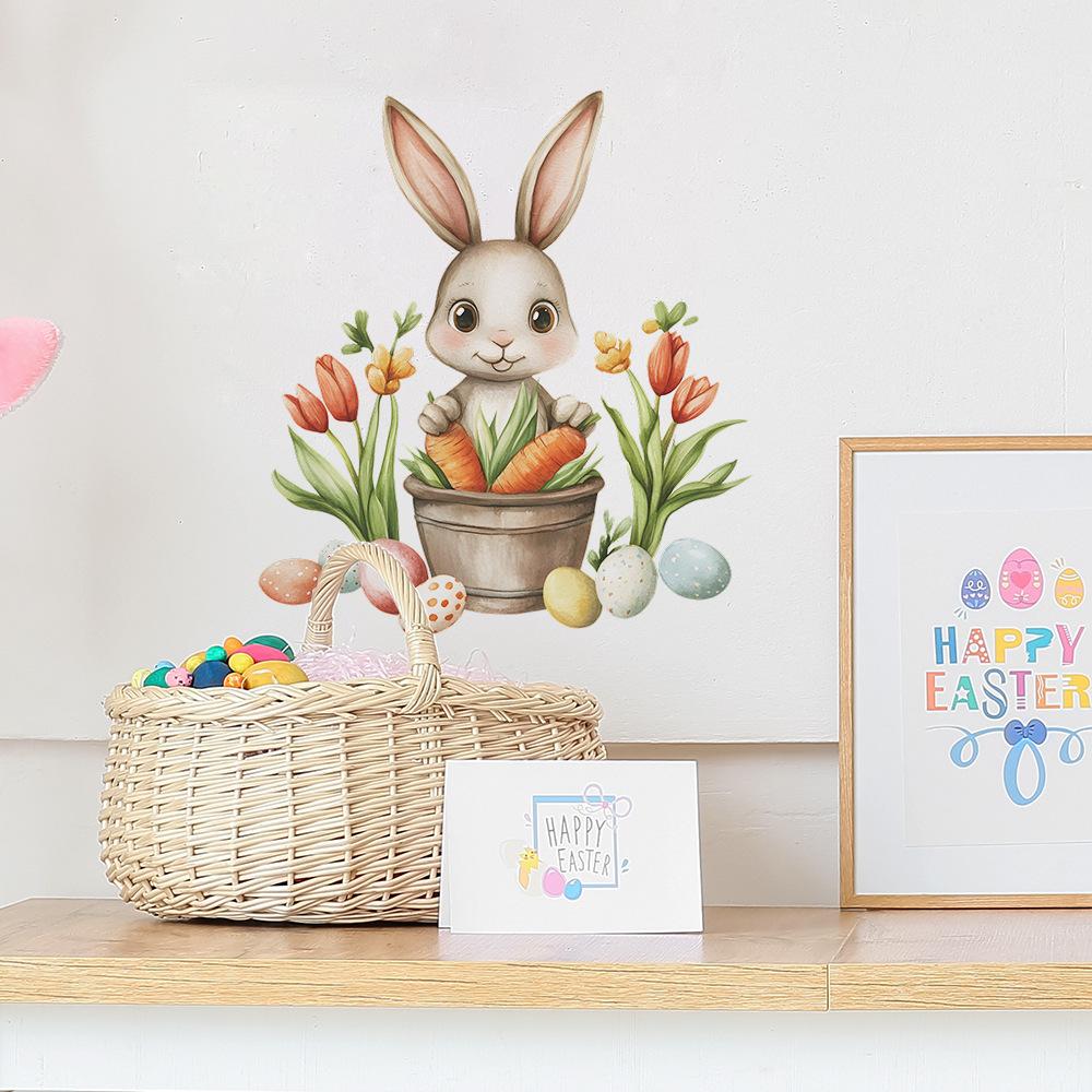 Easter Bunny and Eggs Wall Stickers Whimsical Cartoon Wall Art for Kids Room, Living Room and Hallway Joyful Spring Home Decor