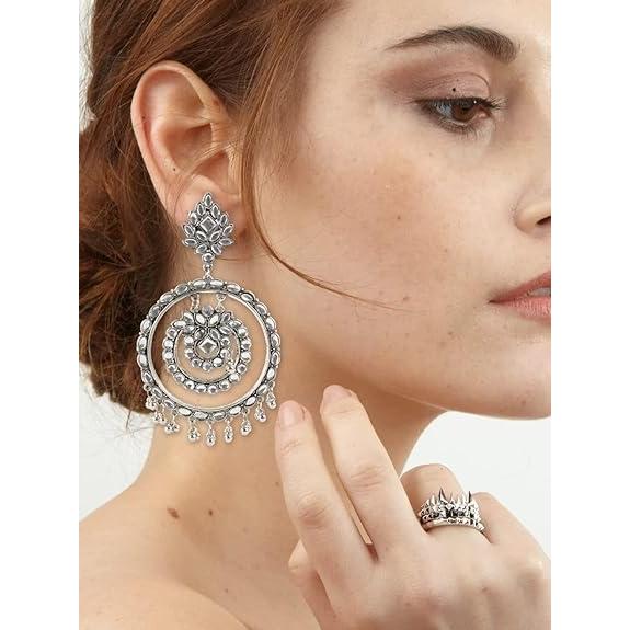Oxidized Mirror Work Silver Afghani Stylish Flower Double Round Traditional Handcrafted Chandbali Earrings For Women And Girls