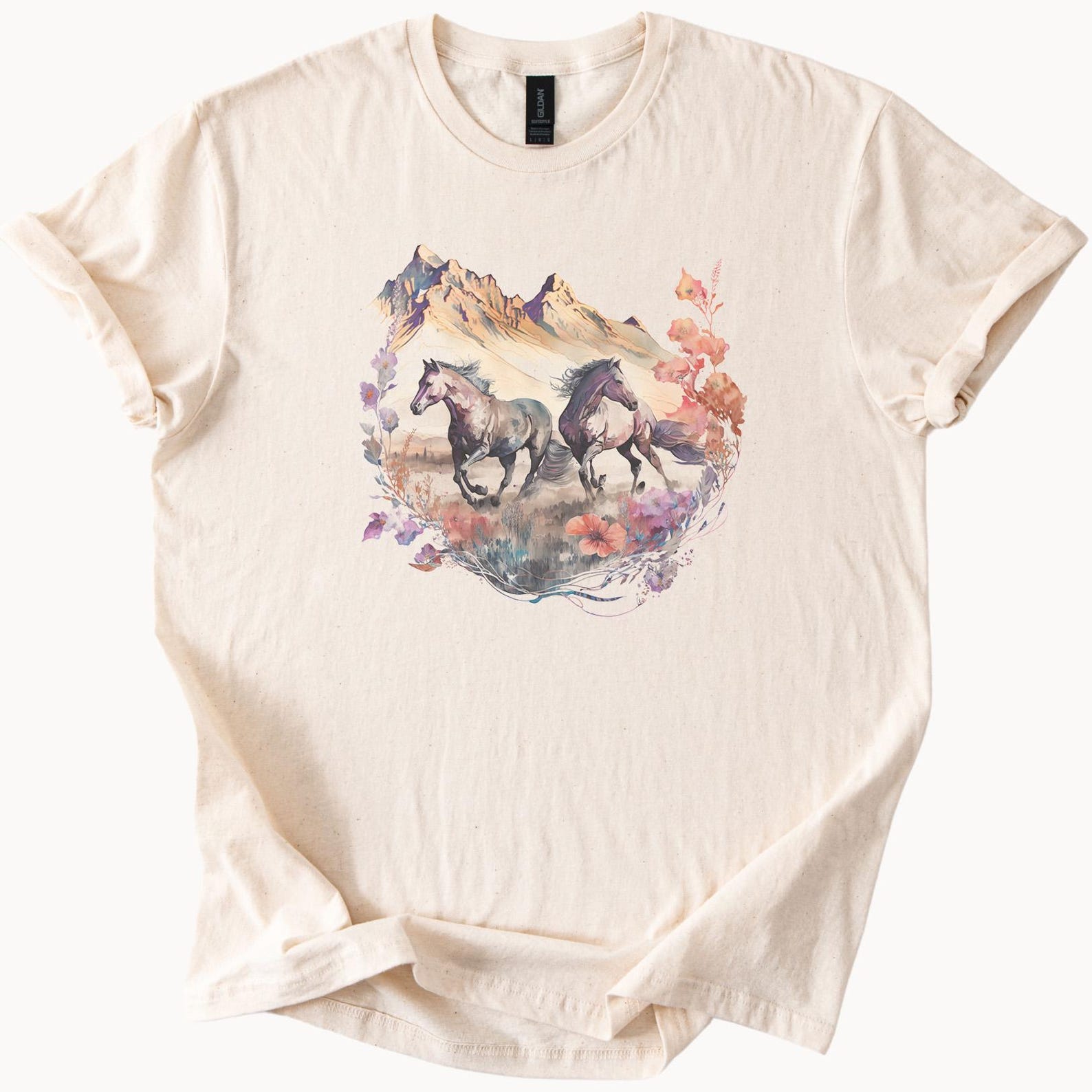 Wild Horses Running Mountain Landscape Graphic Tee Western Nature Art Shirt Floral Pastel Horse Lover Gift Scenic T Shirt 160