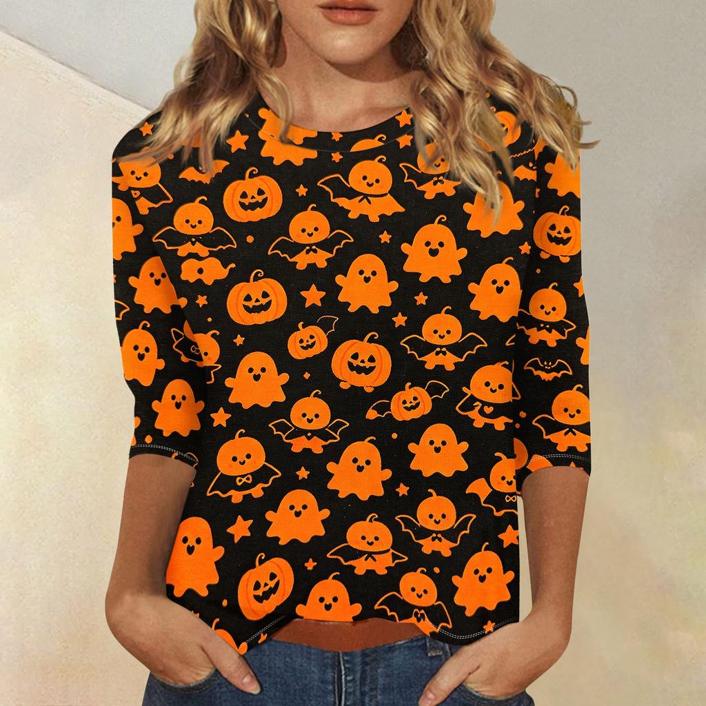 Women Casual 3/4 Sleeve Halloween Print Crew Neck Top Lightweight Soft Fabric Comfortable Fit Stretchy Material