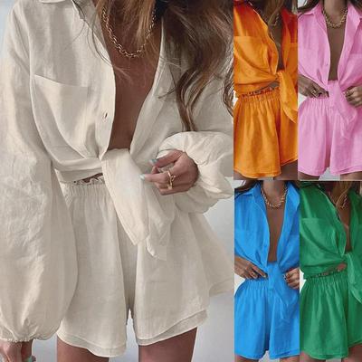 Conjunto Casual Feminino Moda Verão 2023 Cor Sólida Manga Longa com Babados Shorts