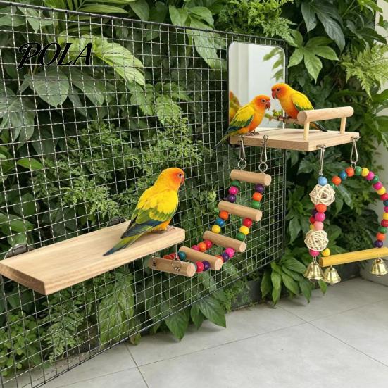 Niet-reflecterende Vogelspiegel 1 Set Kooi Papegaai Speeltjes, Houten Zitstok Platform met Spiegel, Ladder, Kleurrijk Acryl Veiligheid voor Vogels Kralen Belletjes Schommel,