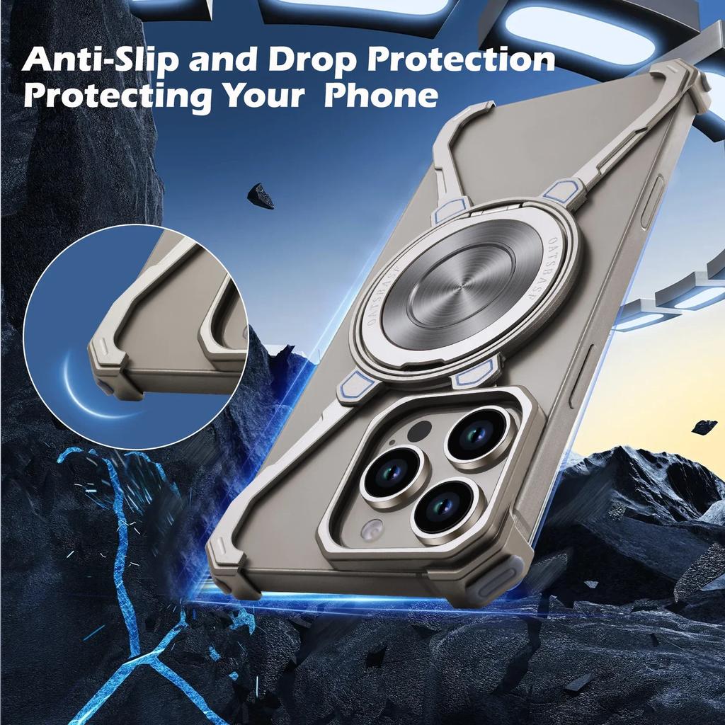 Oatsbasf X Shape Frameless Case for iPhone 16 15 14 13 Pro Max w/ Ring Stand Bezel Less Metal Shockproof Bumper Phone Cover