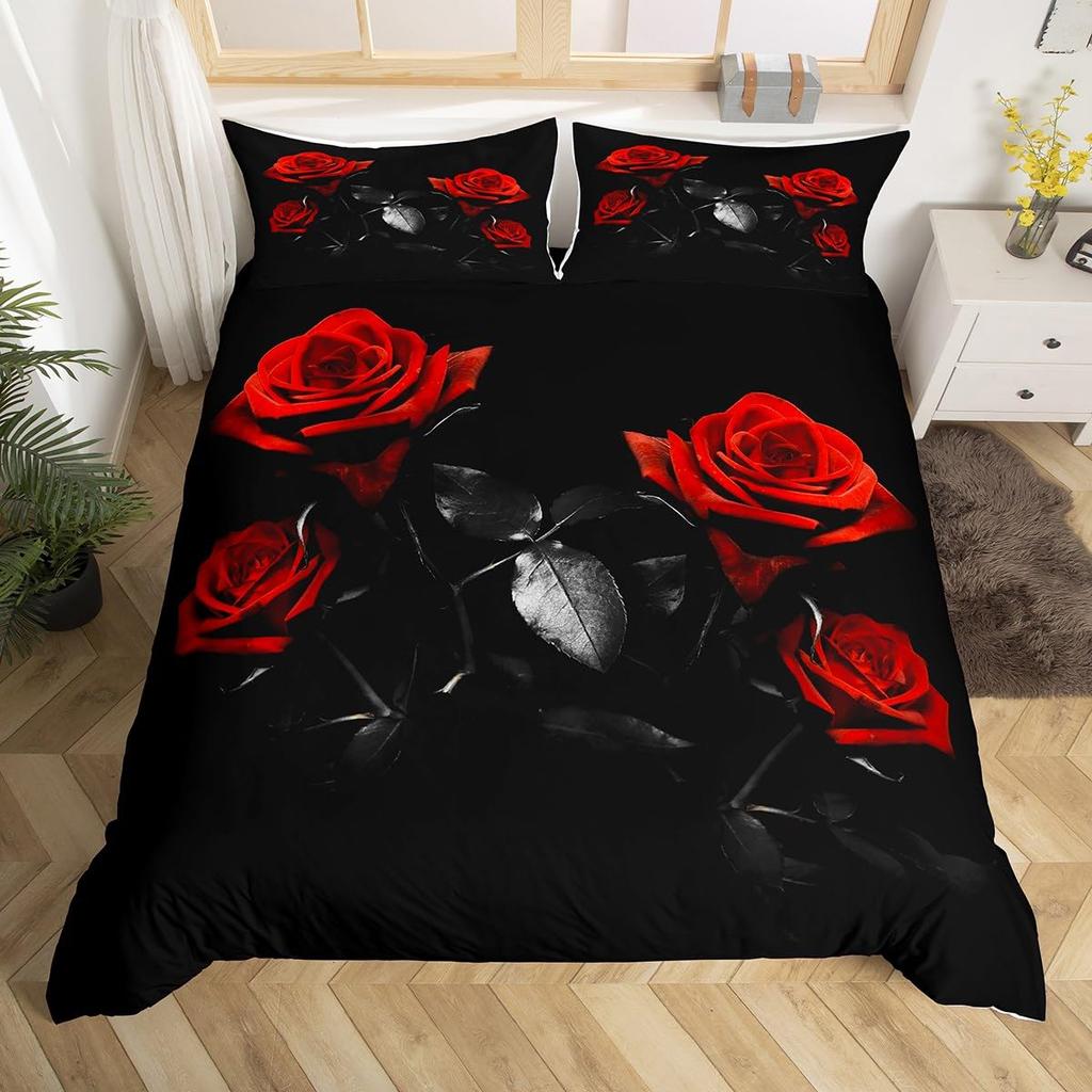 Valentine's Day Duvet Cover Queen Full Red Rose Romantic Flower Duvet Cover Heart Shaped Print Floral Black Soft Comforter Cover