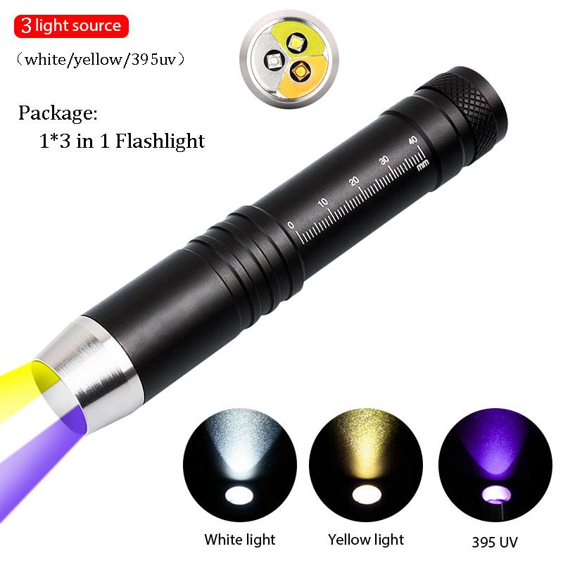 UV Led Flashlight Ultraviolet 365nm/395nm UV White Yellow 3 LEDs Lanterna Jade Jewelry Money Identification Pet Stains Marker