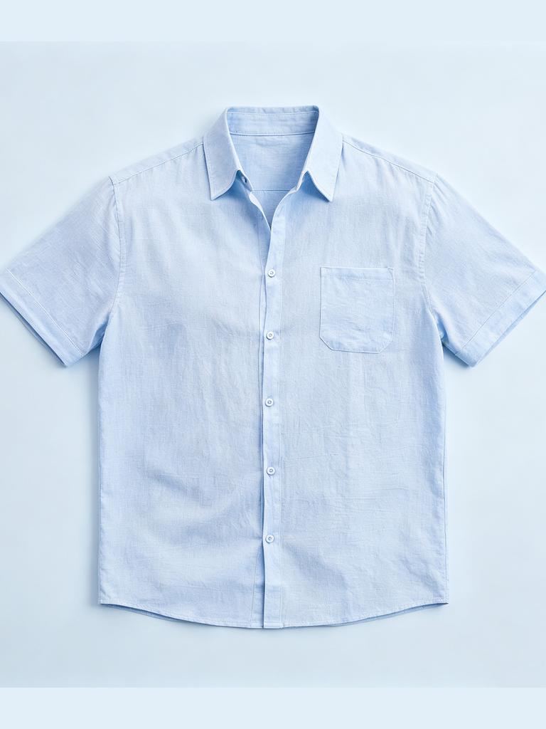 Men's Beige Cotton Linen Short Sleeve Button Up Shirt with Chest Pocket - Relaxed Summer Vacation Top