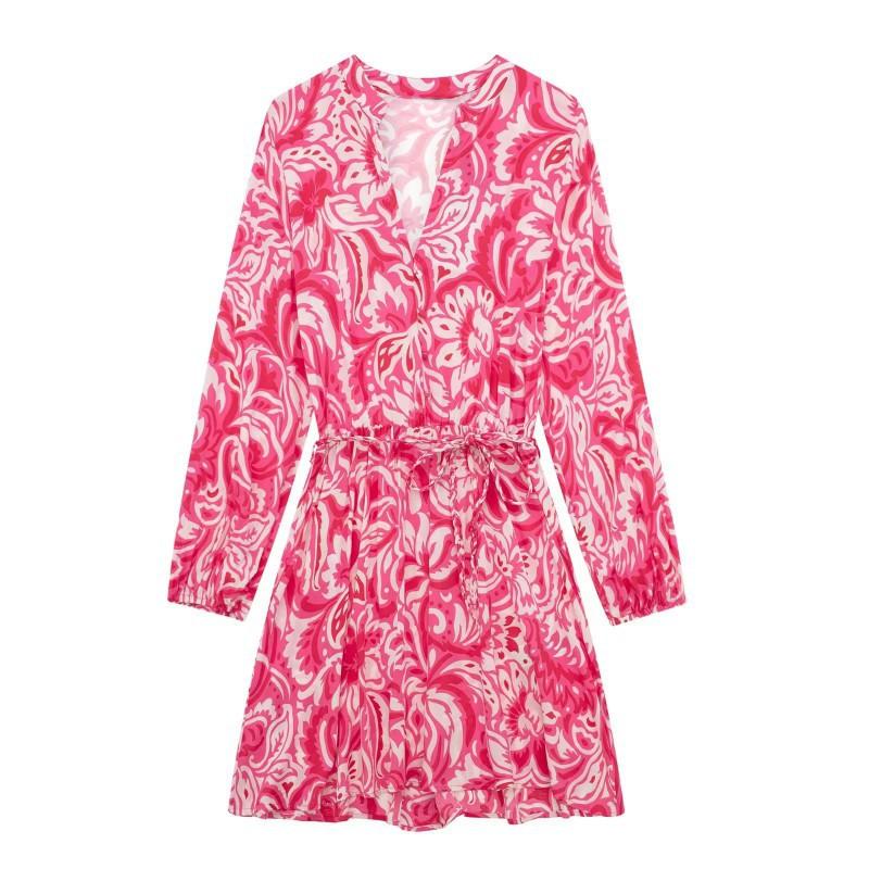 

European American Women s Clothing Printed Long-sleeved V-neck Waist Short Dress XS розовый