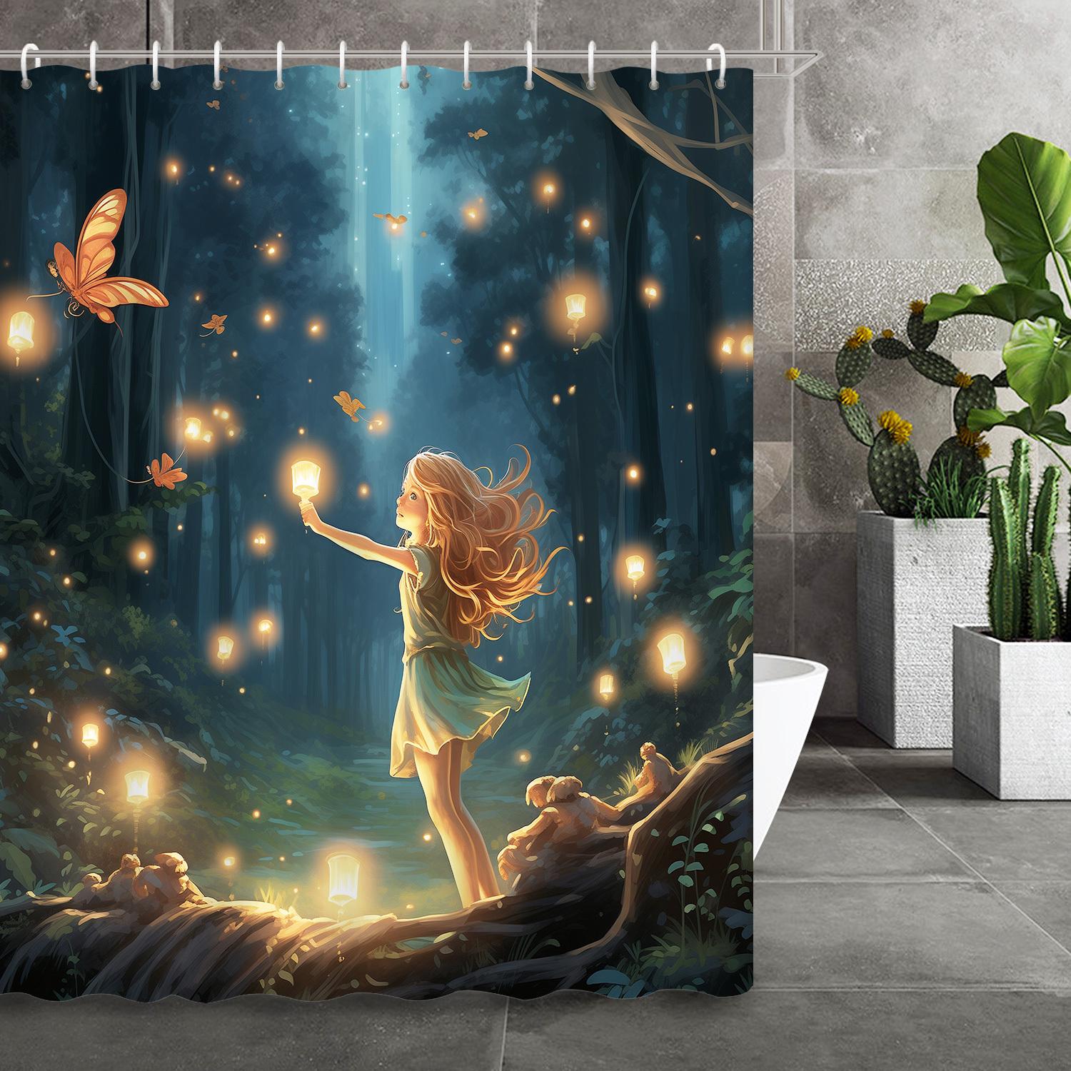 

Enchanted Forest Girl With Lantern Waterproof Shower Curtain For Modern Bathroom Decor, Stylish And Durable, Unique Design W60H190(CM)-1 Pcs