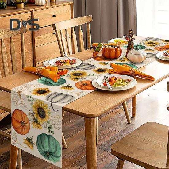 Thanksgiving Party Table Runner Pumpkin Sunflower Print Stain-Proof Reusable Table Protection Decoration Hotel Prom Banquet Table Runner