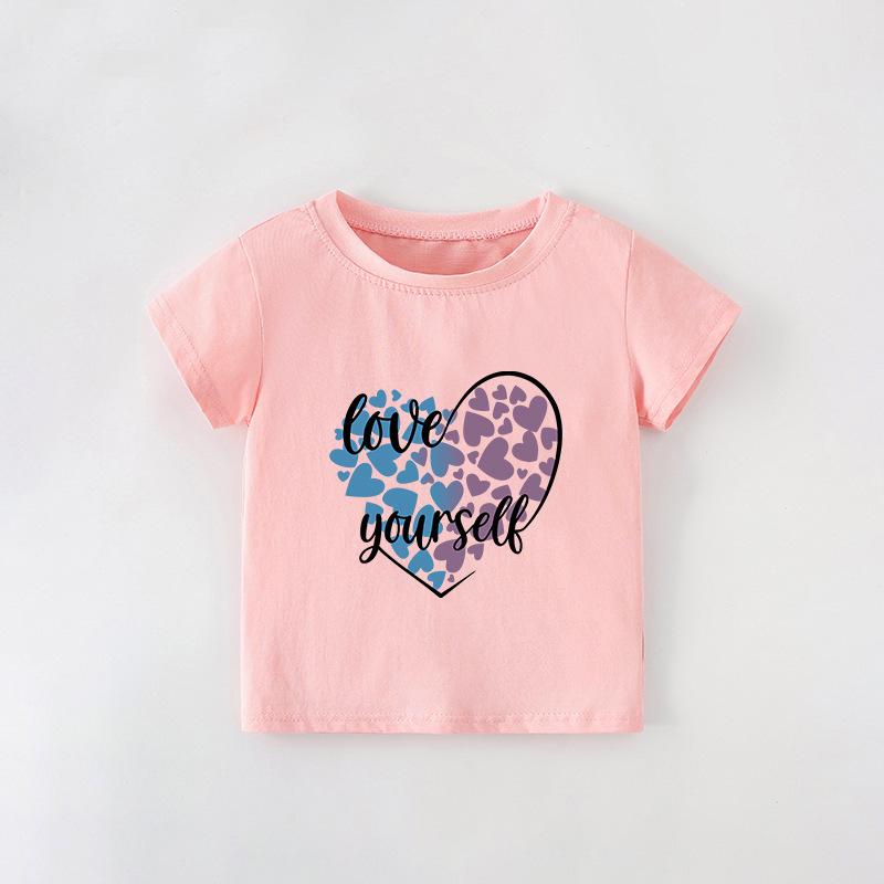 European Style Girls  Summer Toddler T-Shirt - Heart Cartoon, Round Neck, Short Sleeve Top 90 cm