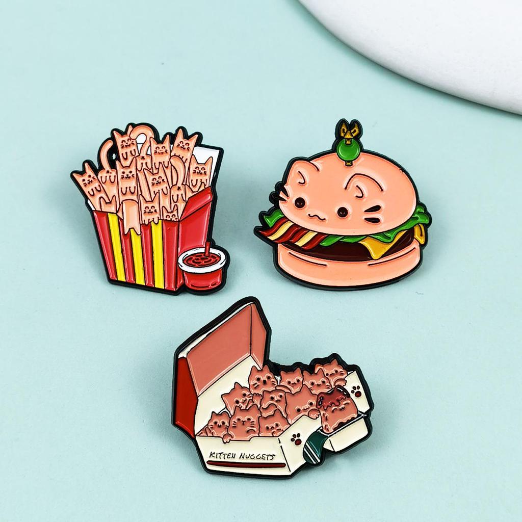Cartoon Cat Alloy Brooch - French Fries & Chicken Nugget Shapes for Clothing, Hats, or Backpacks