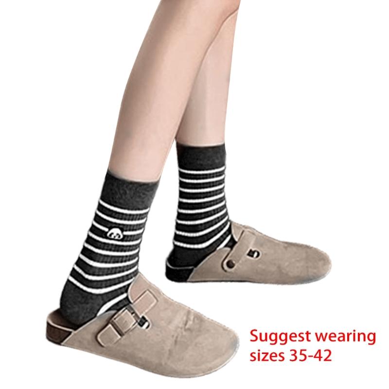 Striped Cotton Crew Socks with Cute Panda Embroidery for Women and Teens Korean Preppy Student Middle Tube Socks Hosiery