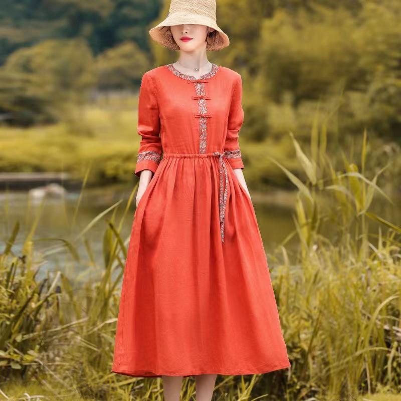 Retro Literary Cotton Linen Waist-Cinched Dress for Women - 2026 Spring/Autumn Mid-Length Long Sleeve Skirt