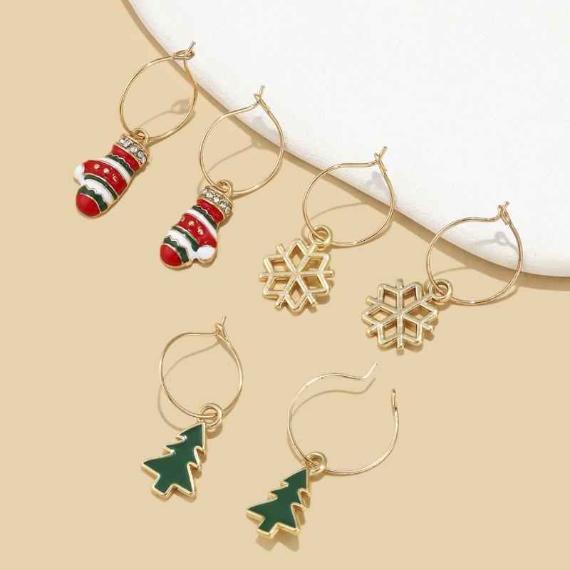 Hot Sale Pair/Set Earrings Pendant Snowflake Gloves Christmas Tree Pattern Christmas Pendant Stud Earrings Set