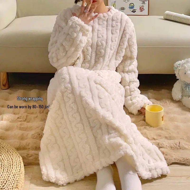 Women's Winter Coral Fleece Jacquard Long Robe Pajamas with Pockets
