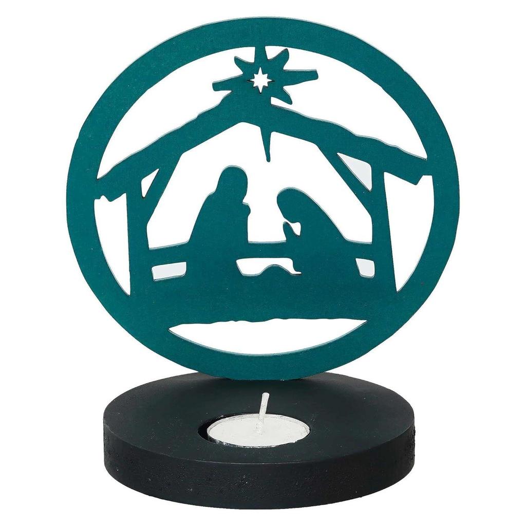 Nativity Scene Holy Family Jesus Birth Decorative Showpiece Tea Light Candle Holder (Wooden Green)| Christmas Decoration Item for Home Office