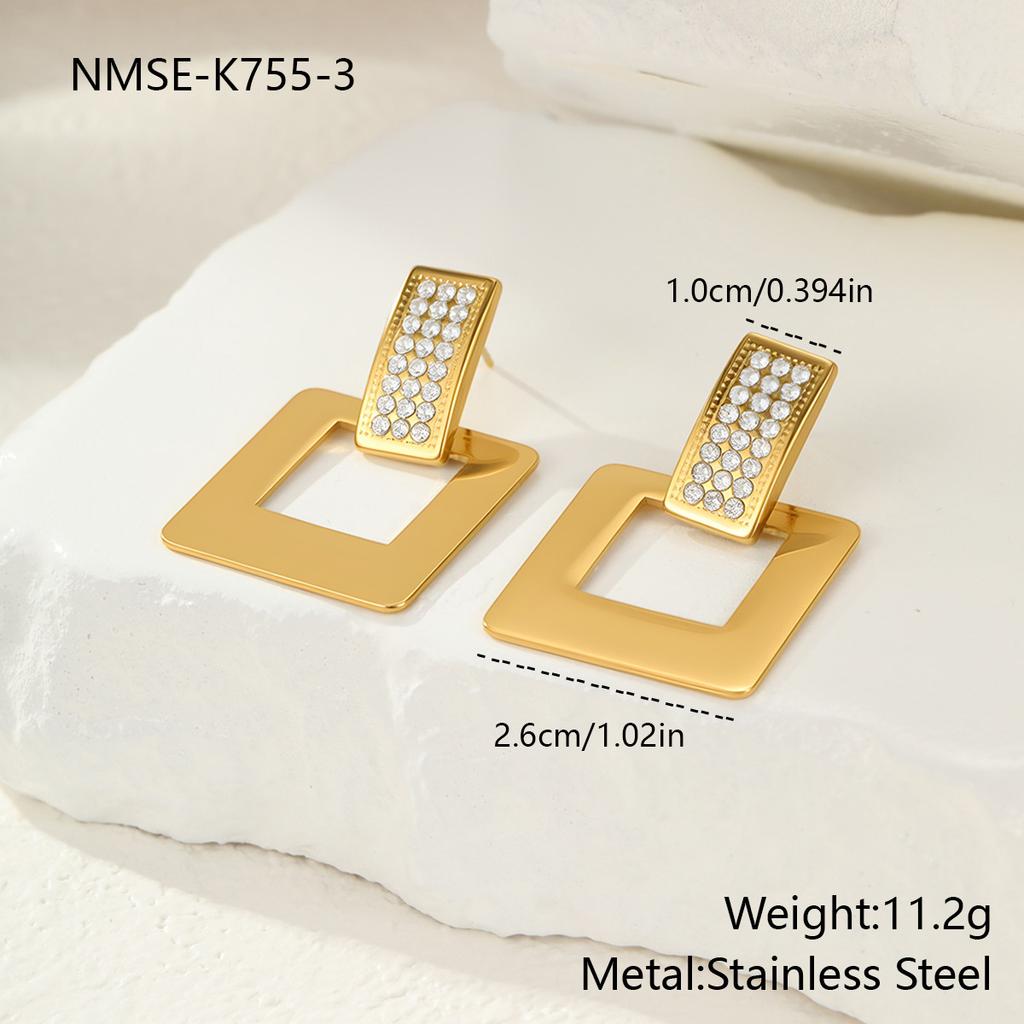GEMCHIC Women's 18K Gold Plated Geometric Square Rhinestone Earrings Stainless Steel Elegant Drop Dangle Jewelry for Party Wedding