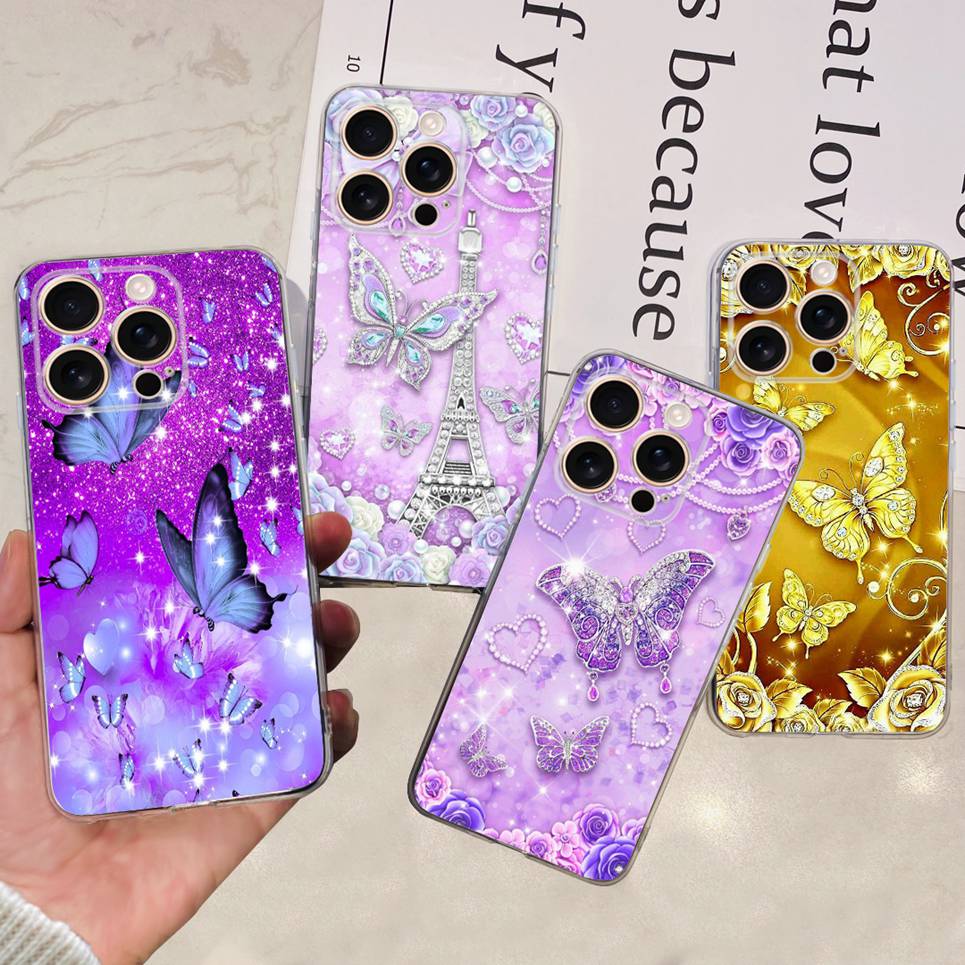 Flower Butterfly Women Fashion Back Cover For iPhone 16 Pro 16 Plus 16 Pro Max Phone Funda Transparent Soft TPU Silicone Case