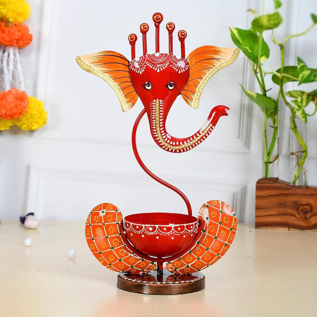 Red Metal Lord Ganesha Idol Showpiece Tea Light Candle Holder| Ganpati Murti Tea Light Holder