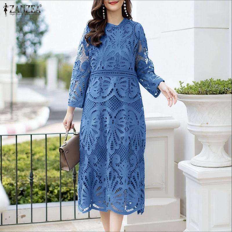 ZANZEA Women Fashion Lace Crochet Patchwork Casual Long Sleeve Dress