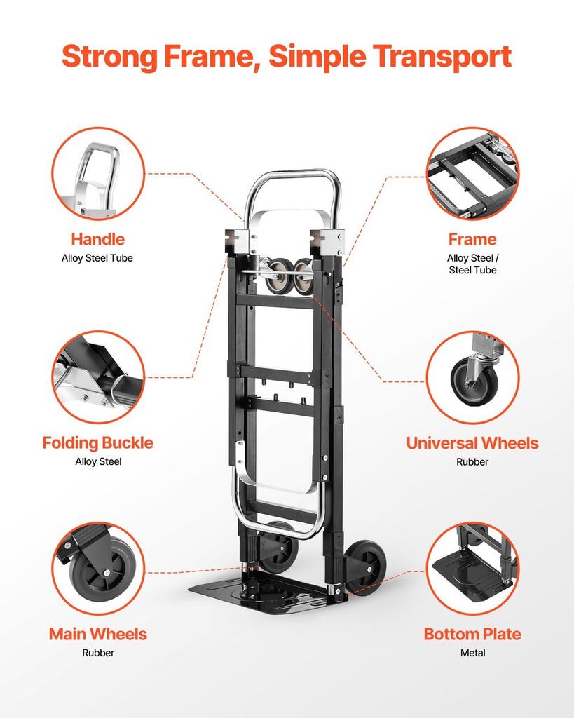 2 in 1 Folding Hand Truck, 226.9 kg Load Capacity for 4-Wheel Mode, Convertible Hand Truck Dolly with Wheels & Adjustable Handle, Portable Trolley