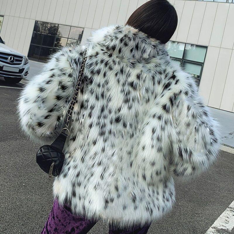 Fashion casual women's fur jacket fox fur coat medium and long suit collar leopard print plush trench coat