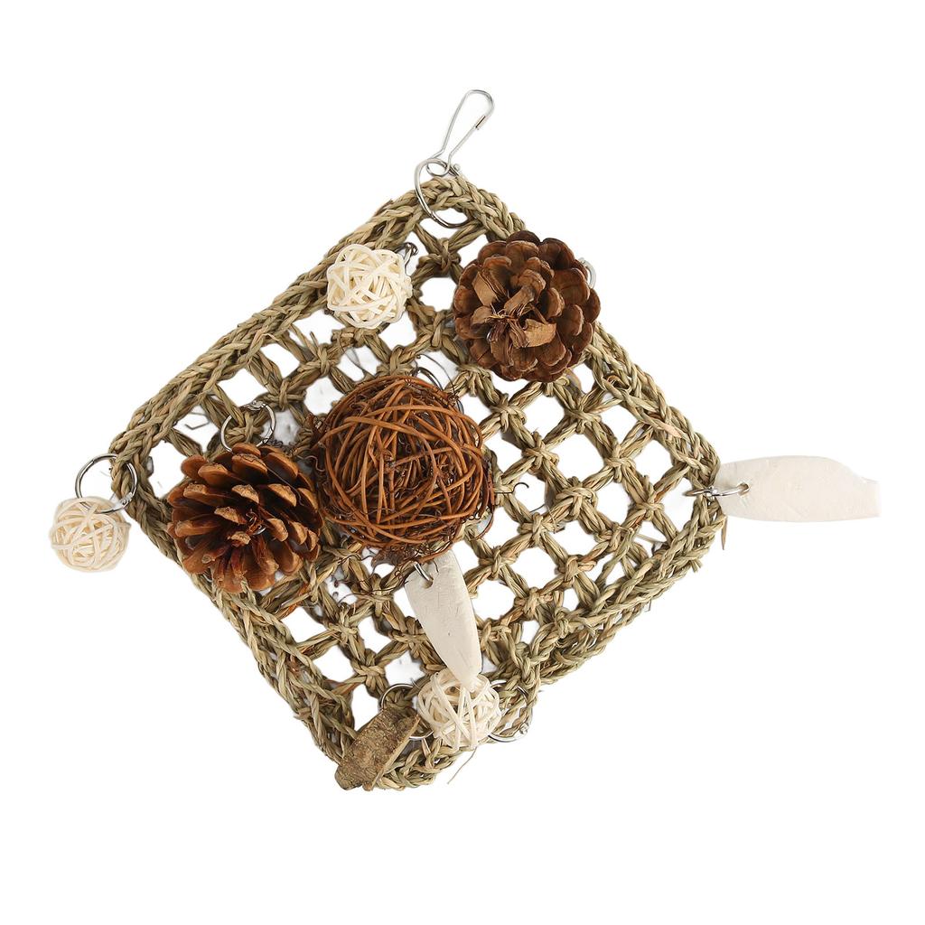 Parrot Climbing Mat Toy Seagrass Woven Bird Hammock Chewing Net with Cuttlefish Bone for Lovebird Cockatiel