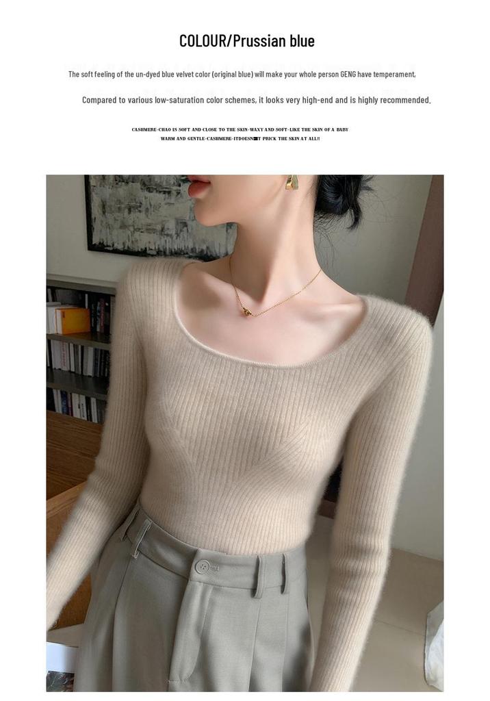 Chic Age-Defying Color-Block U-Neck Cashmere Sweater for Women - Slim Fit, Thick Knit Jacquard.