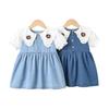 Summer Girls Denim Dress Floral Short Sleeve Collar Fake Two Piece Baby Toddler Princess Jean Dress Casual Party Outfit