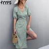 YYFS Damenmode Sommer Frühling Blumenmuster Druck Kurzarm V-Ausschnitt Hohe Taille Freizeitkleider